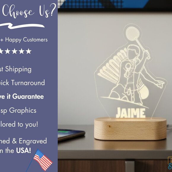 Personalized Badminton LED Night Light – Cool Sports Room Decor - Picture 4 of 8